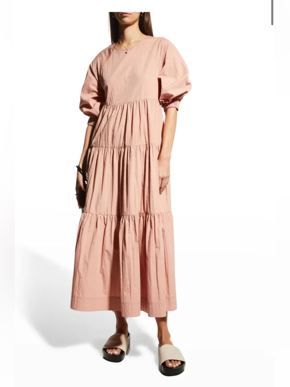 CO Essentials Tiered Bubble-Sleeve Midi Dress Dusty Rose Size Large NWT
